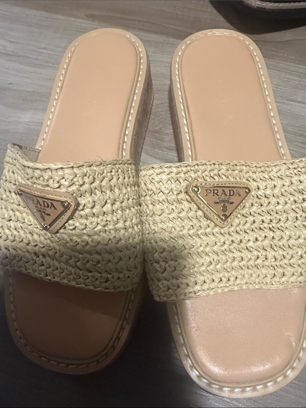 Prada Beige Raffia Platform Slide Mules